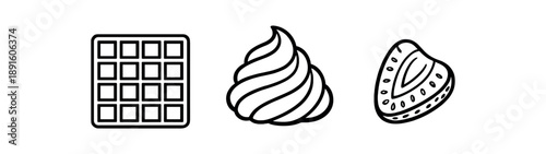 black and white outline belgian waffle grid whipped cream strawberry slice