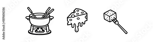 black and white outline swiss fondue pot cheese drip bread cube on fork