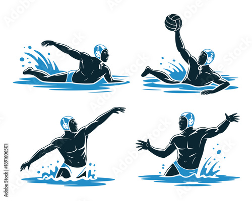 A water polo player in various dynamic movements in the water with a ball