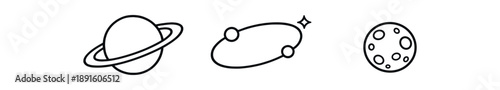 black and white outline planet with rings orbit path tiny moon