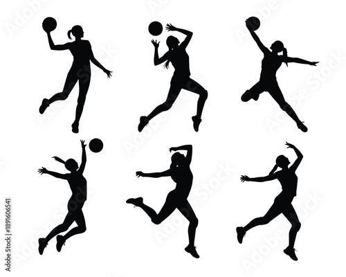 A group of female volleyball players in dynamic poses, showcasing athleticism and teamwork in a competitive match.