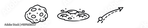 black and white outline asteroid irregular rock crater pits trajectory arrow