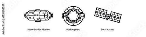 black and white outline space station modules docking port solar arrays
