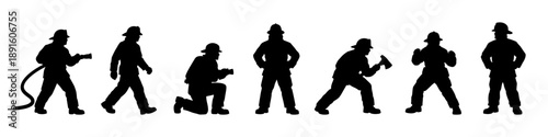 Firefighter silhouette poses collection in action stances. Black solid human figures isolated on white background