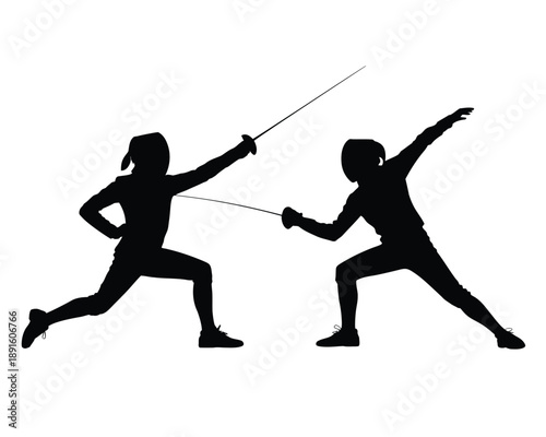 Two female fencers in a dynamic pose, engaged in a competitive match with their swords