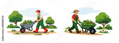Gardener pushing wheelbarrow full of plants in park. Flat illustration showing gardening work and landscape care