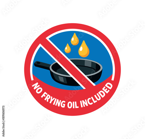 colored flat icon vector illustration isolated on white background circular badge with tiny frying pan oil droplets crossed zero frying oil included sign