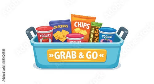 colored flat icon vector illustration isolated on white background fridge bin with handles filled with yogurts and snacks labeled grab and go