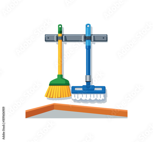 colored flat icon vector illustration isolated on white background broom and mop clipped to rail utility corner floor clear