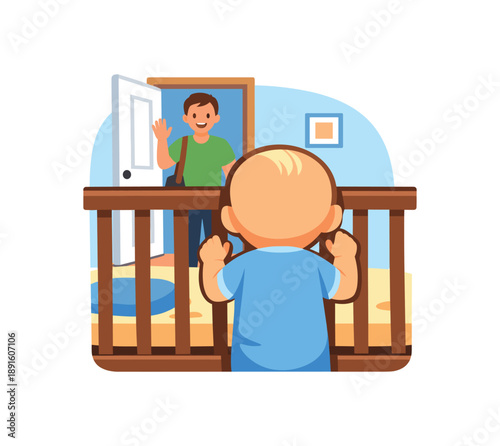 colored flat icon vector illustration isolated on white background baby looking through crib bars toward parent entering room