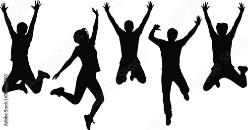 Group of joyful people silhouettes jumping with raised hands, celebration, success and happiness concept isolated on white background for stock illustration