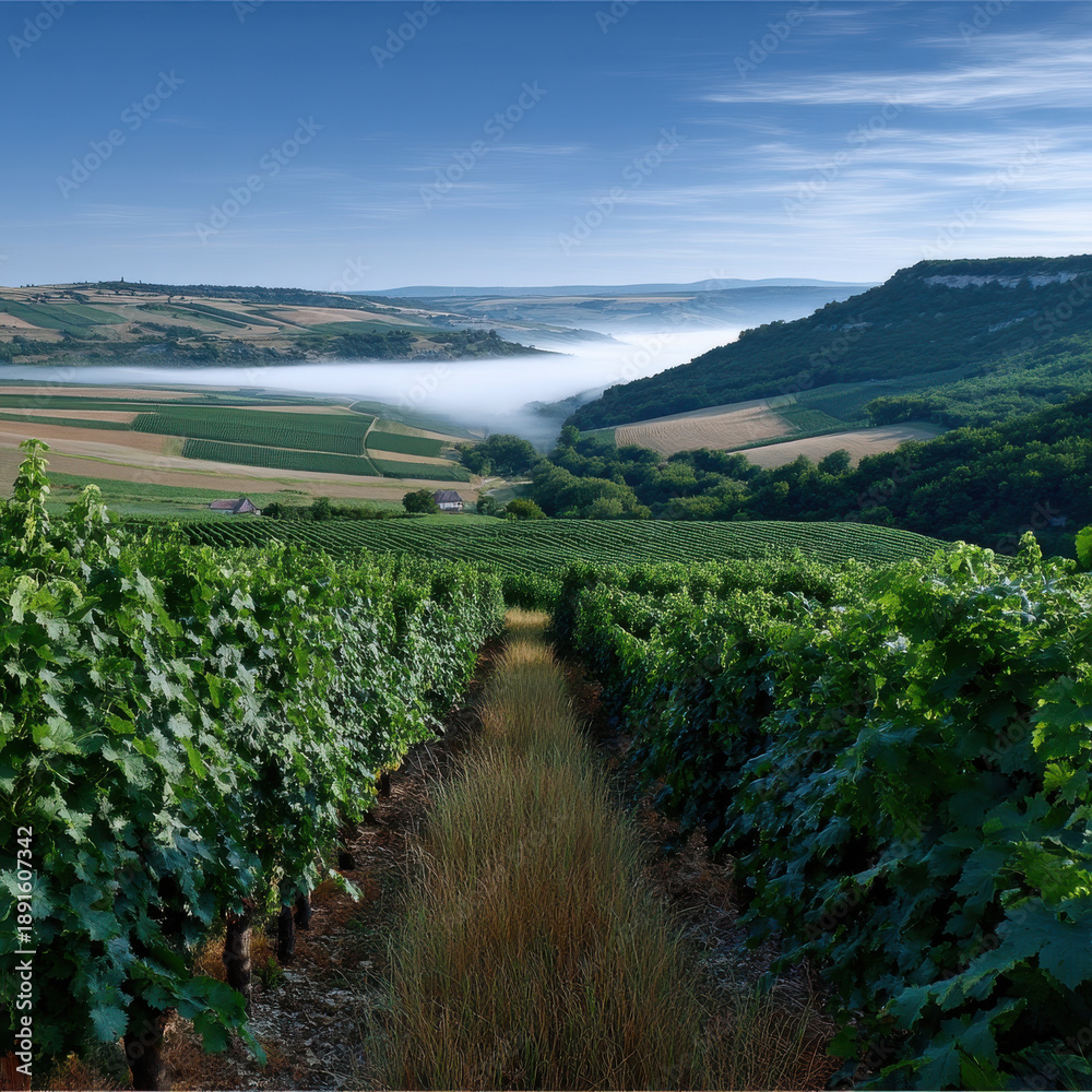 Fototapeta premium Vineyard dawn landscape green valley mist hill agriculture rural scenic view with lush grapevines and morning fog in countryside