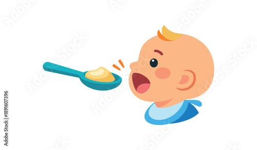 colored flat icon vector illustration isolated on white background spoon with smooth puree moving toward baby mouth first solid food