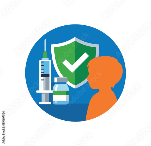 colored flat icon vector illustration isolated on white background isolated on white background big circle emblem with syringe vial shield and child silhouette vaccination badge flat on