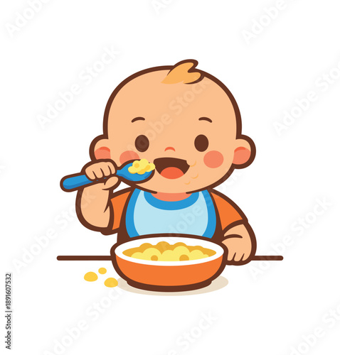 colored flat icon vector illustration isolated on white background baby holding spoon trying to self feed independence practice