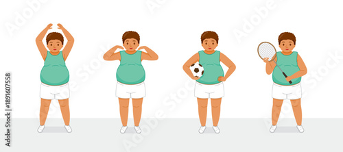 Set Of Black Fat Man Exercising With Different Actions