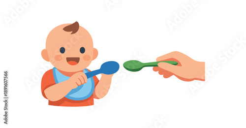 colored flat icon vector illustration isolated on white background parent offering second spoon while baby holds first sharing feeding