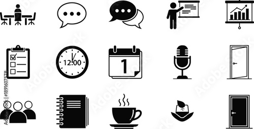 Business communication and office icon set featuring meeting, chat, presentation, checklist, clock, calendar, microphone, teamwork, productivity symbols