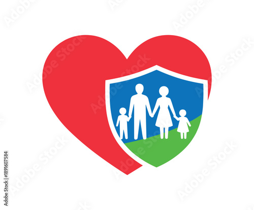 colored flat icon vector illustration isolated on white background isolated on white background heart with shield and tiny family silhouettes inside family immunity idea flat on white