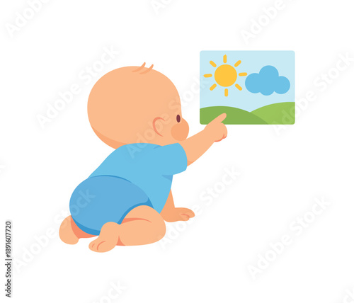 colored flat icon vector illustration isolated on white background baby pointing at picture on card with sun and cloud visual stimulation flat on white background cute kids palette clean