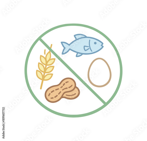 colored flat icon vector illustration isolated on white background round badge with tiny wheat spike fish nut and egg all faint line multi allergen free icon