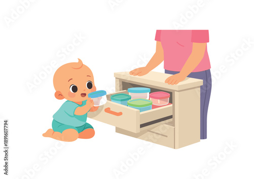 colored flat icon vector illustration isolated on white background baby exploring kitchen safe drawer with plastic containers supervised curiosity play flat on white background cute kids