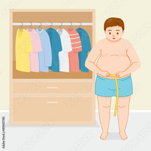 The Overweight Man, Shirtless, Measuring His Waist With Tape Measure
