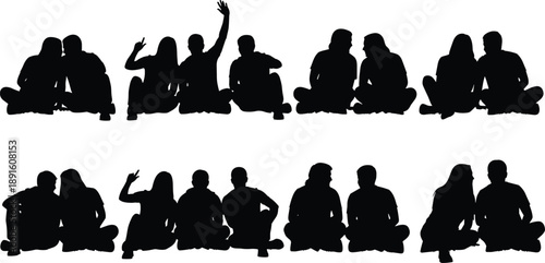 Group of people silhouettes sitting together and socializing, friends talking in casual poses, community lifestyle concept isolated on white background