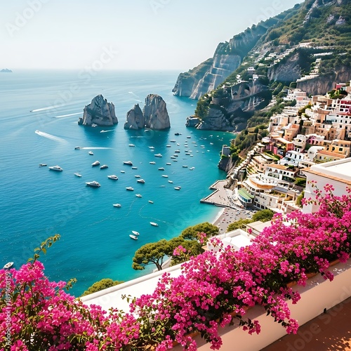 Amalfi Coast Town with Boats in Ocean and Pink Flowers