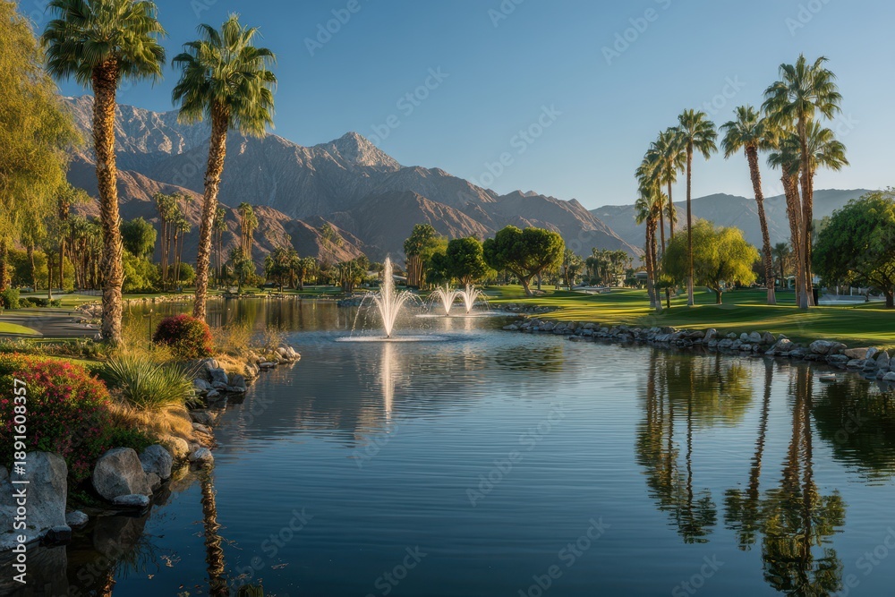 Obraz premium Reflective pool and fountain on a manicured desert golf course