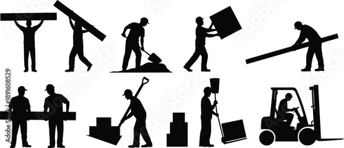 Industrial worker silhouettes performing material handling tasks, lifting, digging and transporting loads, construction logistics, warehouse operations and manual labor concept illustration