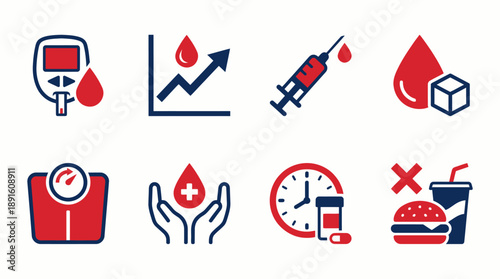 Diabetes Management Vector Icon Set – 8 Black Line Illustrations Depicting Blood Sugar Monitoring, Insulin, Diet, and Medication for Health Education and Awareness