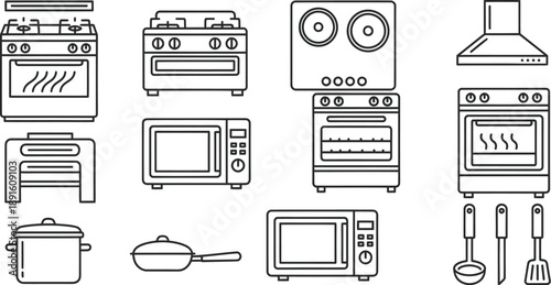 Kitchen appliances and cooking utensils line drawings
