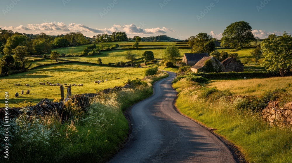 Obraz premium Rural England at dusk: quiet country lane, blooming hedges, and distant cottage homes
