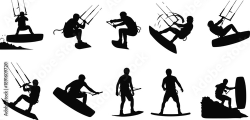Set of kitesurfing silhouettes performing jumps and tricks, extreme water sports action collection isolated on white background for dynamic stock illustration