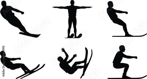 Set of skier silhouettes performing alpine skiing moves and jumps, winter sports action poses isolated on white background for dynamic stock illustration