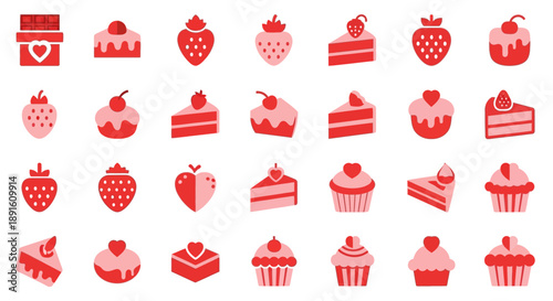Collection of sweet strawberry and cake icons flat design elements for dessert and food concepts is
