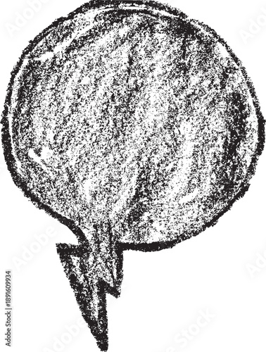 Hand drawn charcoal circular speech bubble with lightning bolt tail isolated
