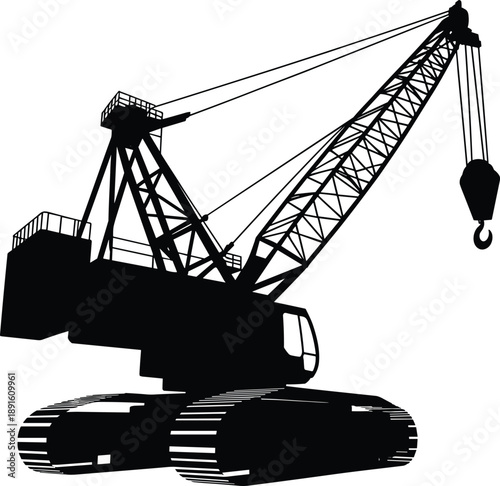 Tracked crawler crane silhouette with lifting hook, heavy construction machinery for industrial building, infrastructure development and large engineering projects