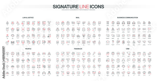 Set of thin red and black line icons on themes law, justice, mail, business communication, CRM, people, feedback, designed for professional user interface and web design projects vector illustration