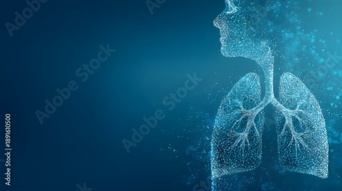 Digital lung network illustration with human silhouette and glowing particles expressing respiratory illness concern