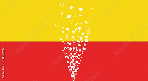 Abstract graphic design with white bubbles and particles rising from a vibrant red background into a cheerful yellow space, symbolizing effervescence.