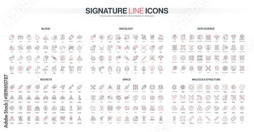 Comprehensive set of line icons covering blood analysis, oncology, data science, rockets, space exploration, and molecular structures in a modern isolated vector illustration