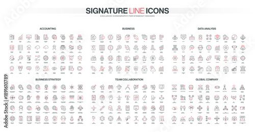 Comprehensive set of thin line icons covering accounting, business, data analysis, strategy, teamwork, and global company concepts, modern red and black style isolated vector illustration