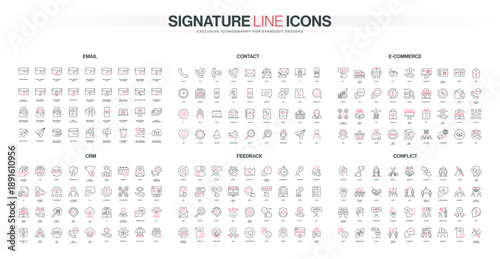 Comprehensive set of thin line icons for email, contact, e-commerce, CRM, feedback, and conflict themes, featuring modern red and black accents isolated vector illustration