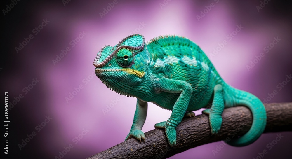 Fototapeta premium vibrant green chameleon on branch with blurred purple background