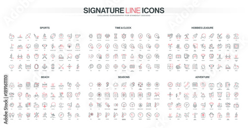 Collection of minimalist line icons in red and black for sports, time, hobbies, adventure, beach, and seasons themes, covering diverse activities and objects isolated vector illustration