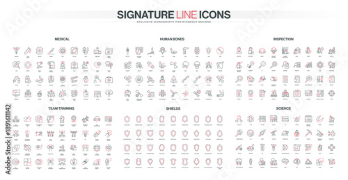 Set of line icons covering medical tools, human bones, inspection processes, team training, shields, and science concepts, suitable for diverse professional themes isolated vector illustration