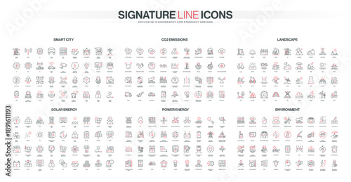 Line style icons cover smart city, CO2 emissions, landscape, solar energy, power generation, and environmental themes, showing modern urban sustainability concepts isolated vector illustration