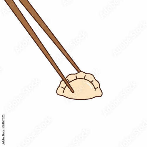 Chopsticks holding a single delicious dumpling isolated on white background.